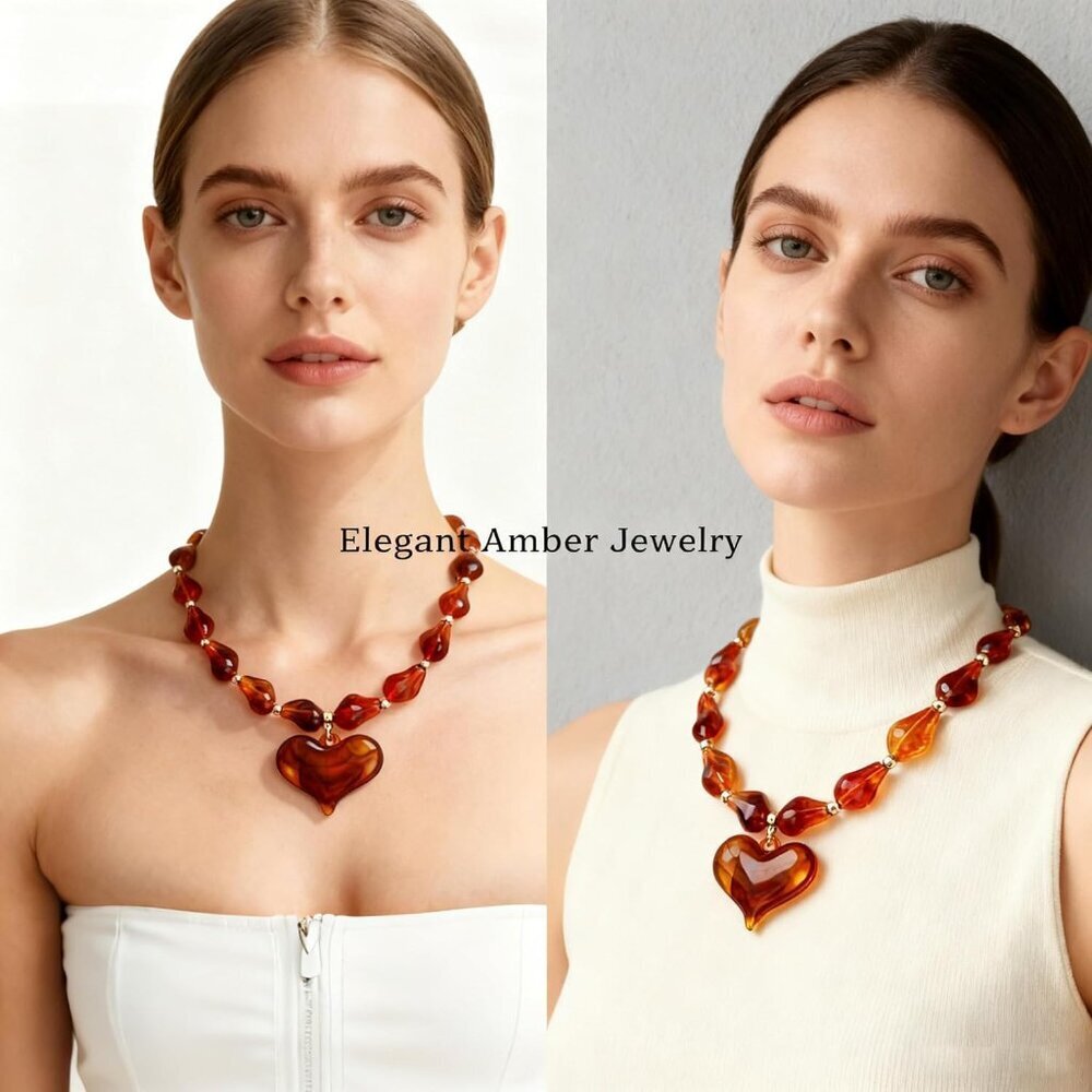 Women's Adjustable Y2K Style Statement Chunky Beaded Choker Puffy Heart Necklace - Picture 4 of 7